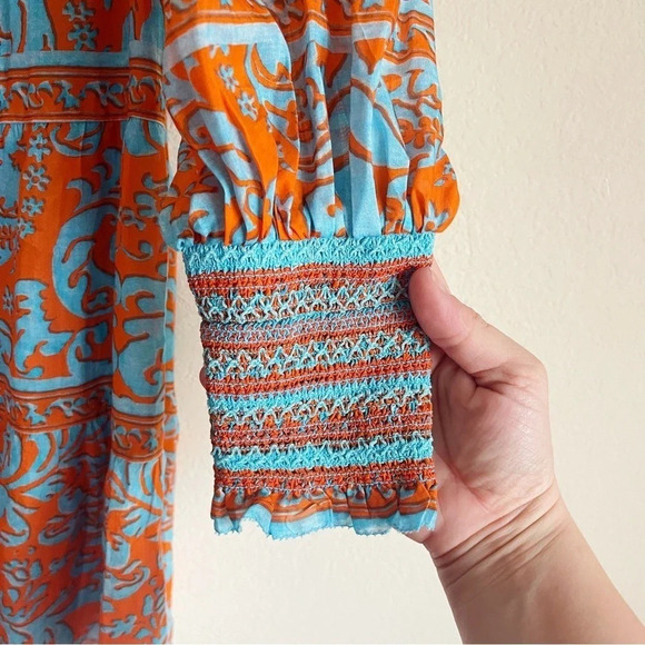 Alice + Olivia Rowen Tiered Long-Sleeve Tie Back Babydoll Dress Orange Blue NWT - Picture 4 of 7